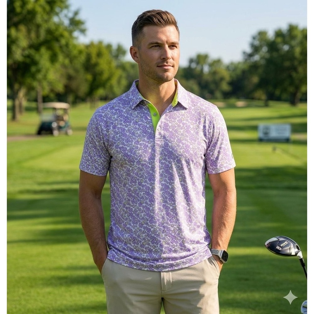Birdie Bound Mens L Lavendar Daisy Floral Golf Polo Shirt Performance Stretch